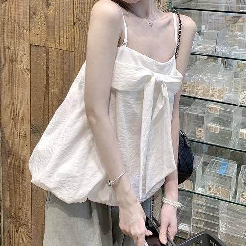 Korean Sweet Style Design Sense Bow Sling Vest Women's Summer New Bud Hem Showing Thin White Top