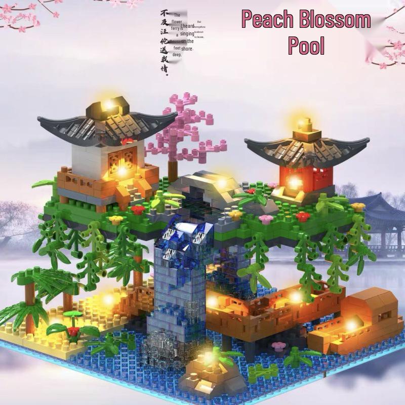 Fairy Pavilion Cherry Blossom Treehouse with Peach Blossom Pond - Creative Ancient Style Building Block Ornament, Handmade Assembly Scene.