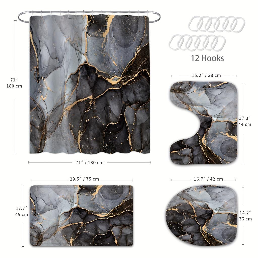4 st Lyxigt Marmormönster Vattentätt Duschdraperi Med 12 Krokar Halkfri Badrumsmatta Toalett U-Formad Matta Toalettlock Skyddsdyna