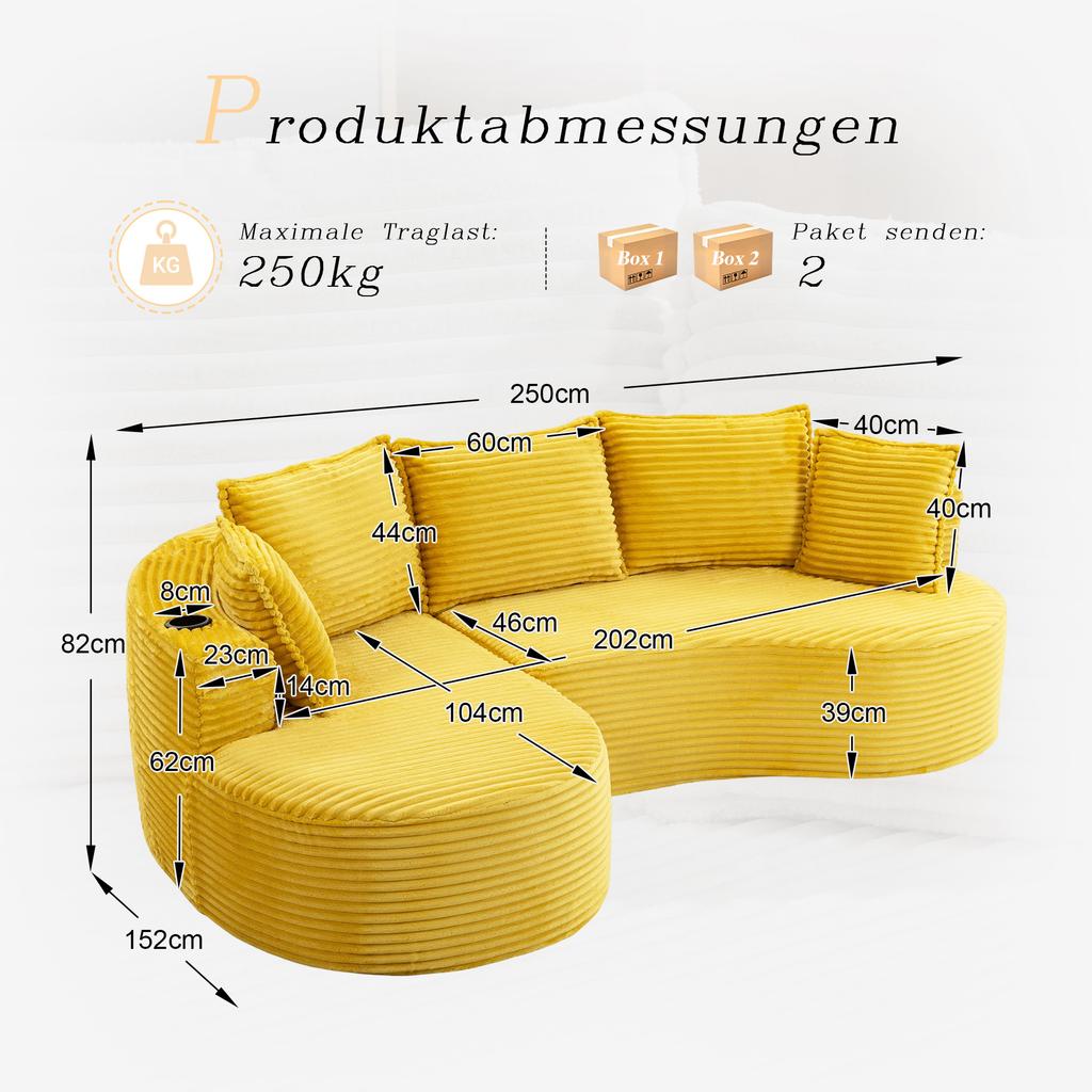 Arc sofa in corduroy, soft, breathable, cup holder & storage pocket, high-density foam. Incl. compressed cushion, ready to use. For every living area.
