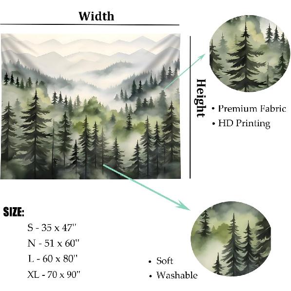TUGCAY Misty Mountain Forest Tapestry, Green Nature Foggy Watercolor Tree Tapestries Landscape Scenery Tapestry Wall Hanging for Bedroom Living Room