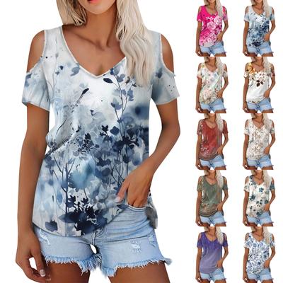 Women's Summer Fashion Casual Printed Off-Shoulder V-Neck Short Sleeve T-Shirt Top