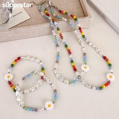 Gänseblümchen-Halskette und Armband, künstliche Perlen, Choker-Armbänder für Frauen, Schmuck-Accessoires