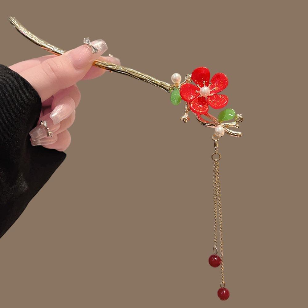1pc Chinese- Plum Blossom Hair Stick Red Flower Branch Design Perfect Hanfu Traditional Elegant Exquisite Vintage Accessory