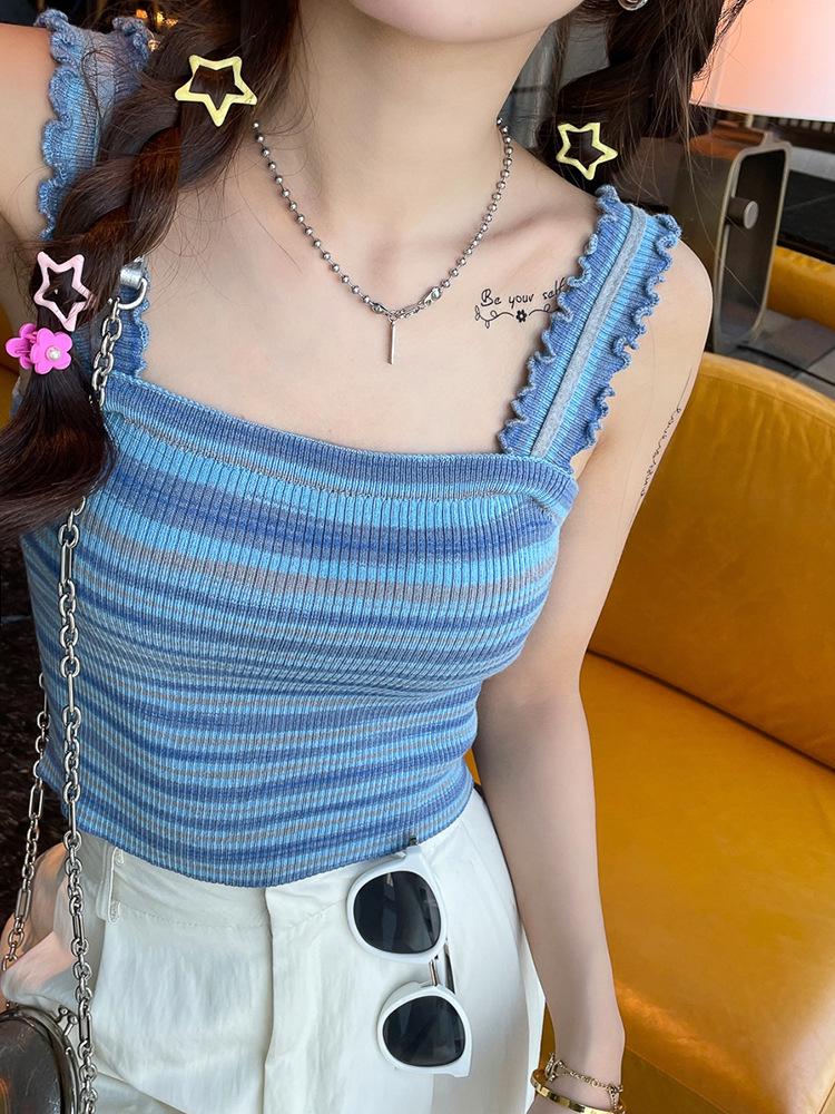 

Женский летний полосатый вязаный жилет: Дизайн подтяжек с черной окантовкой XL океан синий