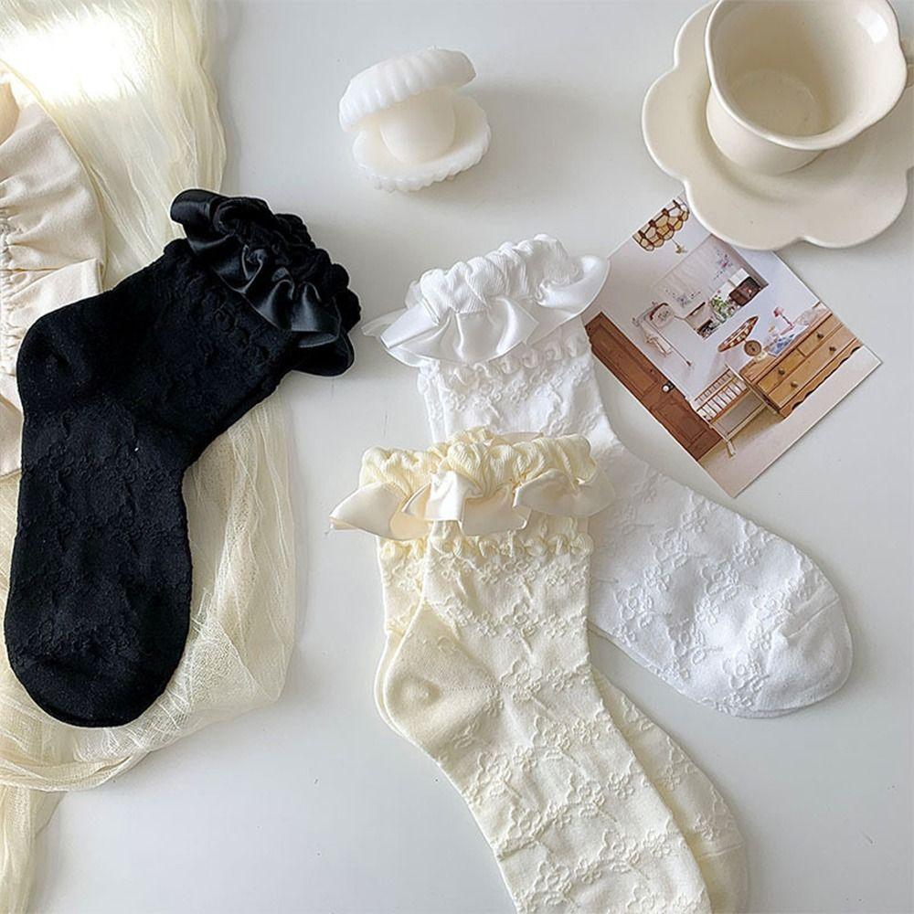 White Lace Mid-Calf Socks Thin Breathable Ruffle Socks Perfect Match Princess Socks  for Women