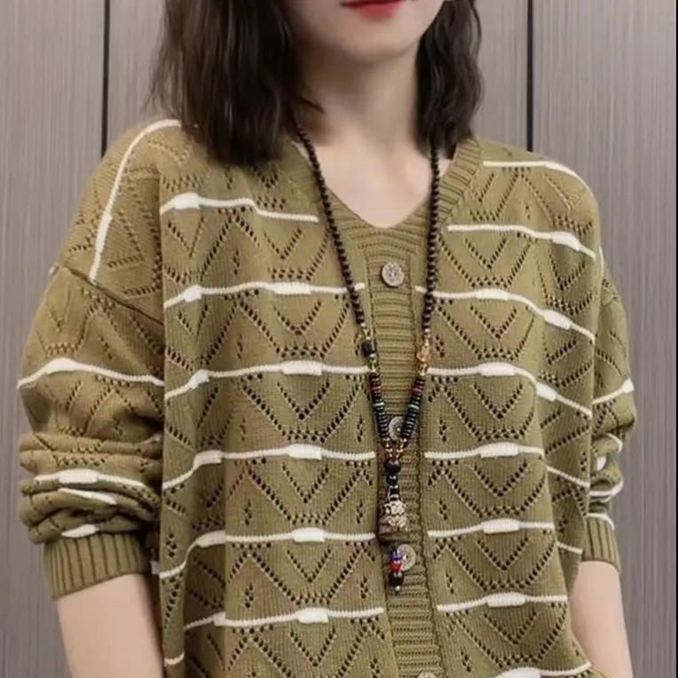 Spring Tops, Trendy Knitwear, Women's V-neck, Loose Belly, Hollow Sweater, Fashion, All-match Temperament, Long Sleeves