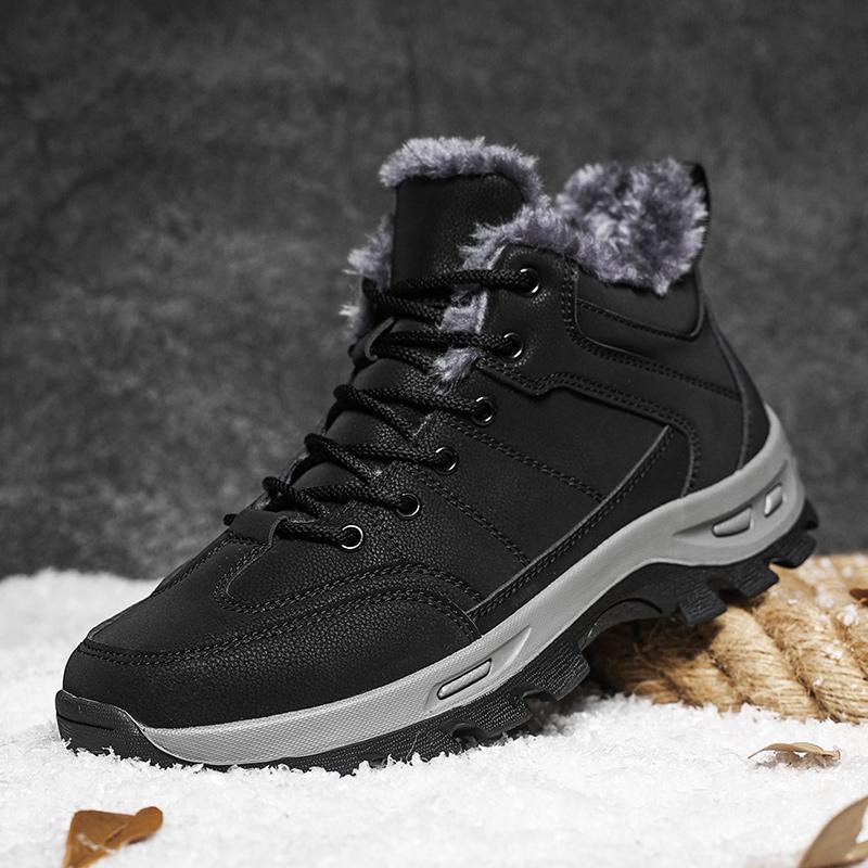 Fashion Man Cotton Boots Men Winter Short Plush High-top Leather Shoes Men's Thickened Non-slip Snow Boots Man Comfy Lace-up Solid Boots