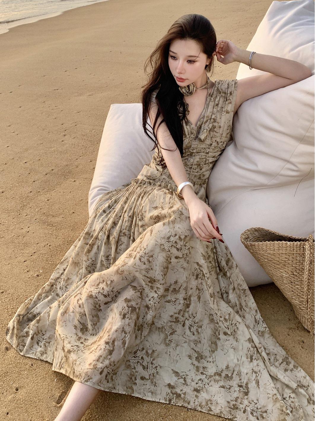 

Women s French Print Pleated Collar Summer Dress - Slimming Retro Long Dress Large