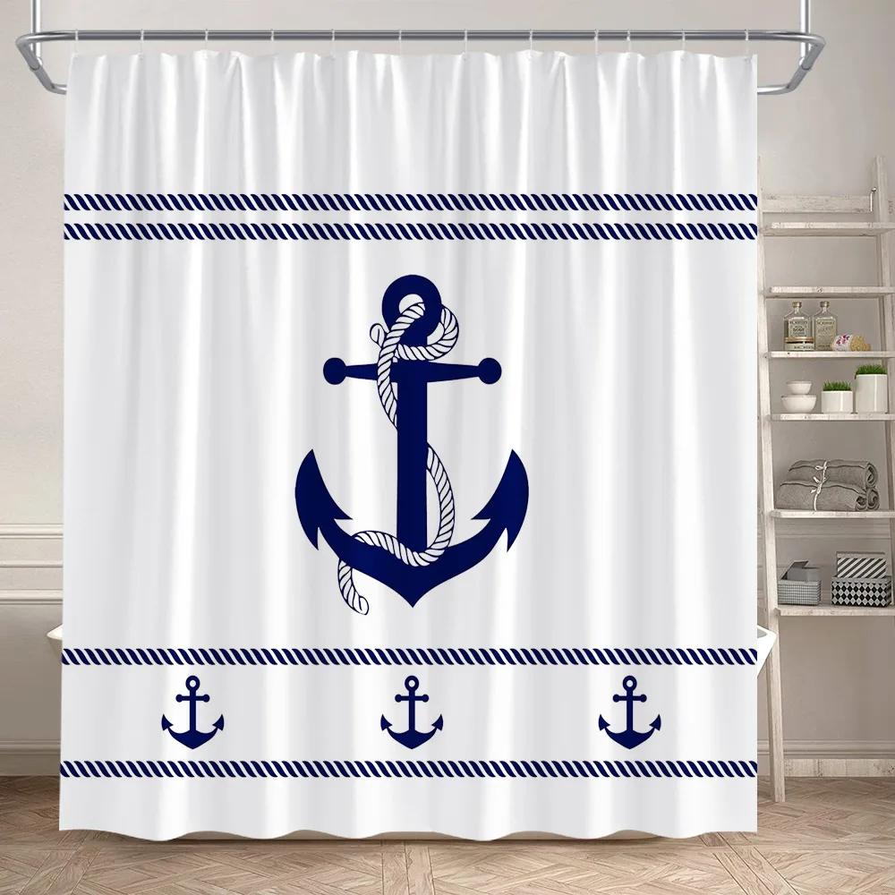 Blue And White Striped Shower Curtain Modern Geometric Nautical Anchor Bath Curtains Polyester Fabric Bathroom Decor with Hooks