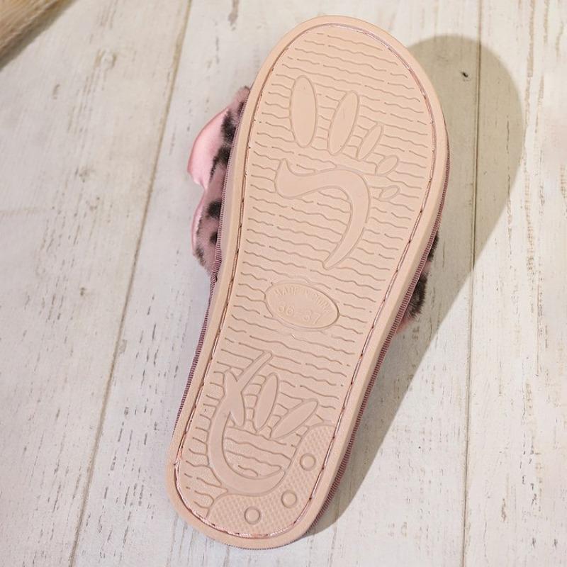Plush Leopard Print Bow Slippers Women's Autumn and Winter Flat-bottomed Home Floor Mop Open-toed Cotton Slippers Women