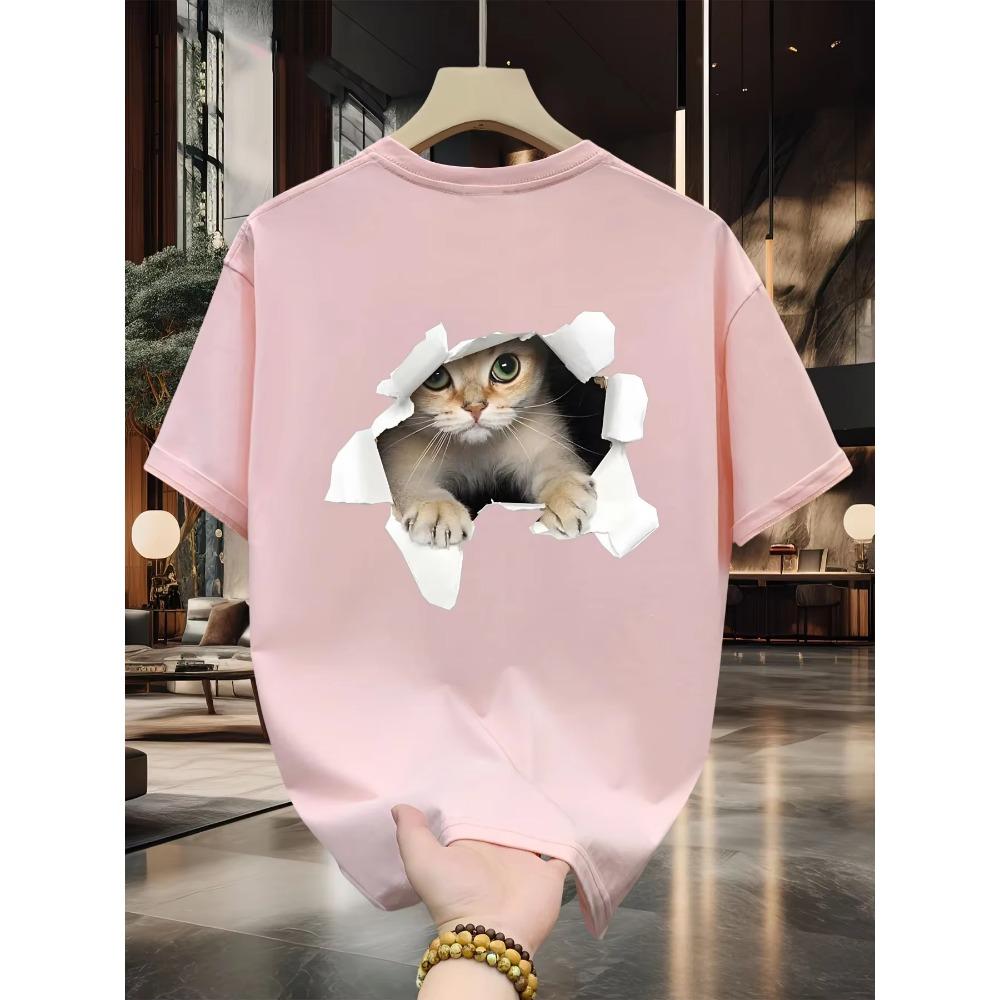 Men's Summer 100 Cotton Fashionable Casual Loose Large Size 3D Cat Pattern Printed Sports Round Neck Short Sleeve T-shirt Top