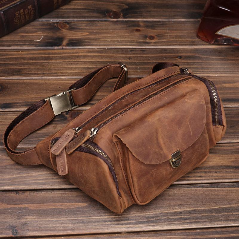Nuova Borsa a Vita Grande Capacità in Pelle Retro Crazy Horse, Borsa da Petto in Vera Pelle, Borsa a Tracolla Casual da Esterno Multi Scomparto in Pelle di Mucca