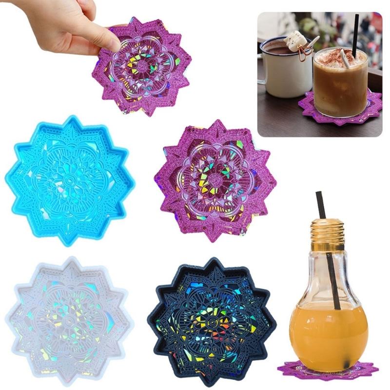 Mandalas Coaster Plaster Silicone Mold DIY Crystal Epoxy Resin Mold Holographic Flower Shape Cup Mat Casting Mold Craft