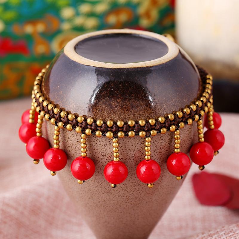 Handmade Braided Anklets Bracelet Sandals Brides Shoes Barefoot Beach Vintage Tassel Red Beads Anklets For Women Yoga Jewelry