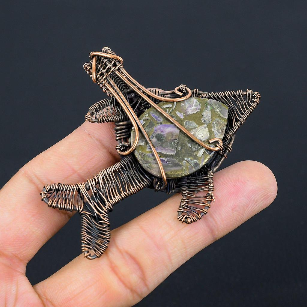 Amazing Copper Charoite Gemstone Handmade Pure Copper Wire Wrapped Fish Pendant Jewelry