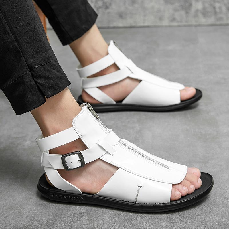 

Large size zipper Roman sandals men s size 45 British style casual hollow breathable beach shoes outdoor wading shoes 38 чёрный