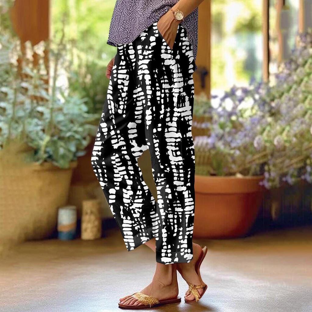 Damen Modische Hose mit Blumenmuster, gerades Bein, Tasche, elastischer Bund, lässige Hose