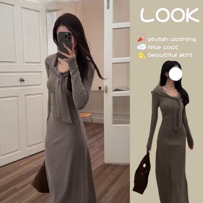 

Pure desire gentle temperament splicing lace-up long-sleeved knitted dress women s early autumn new waist and thin long dress women s clothing S