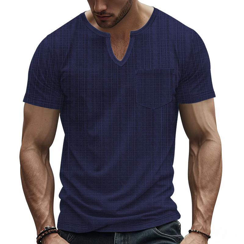 Mens Casual Textured V Neck Henley T Shirt Short Sleeve Pocket Tee