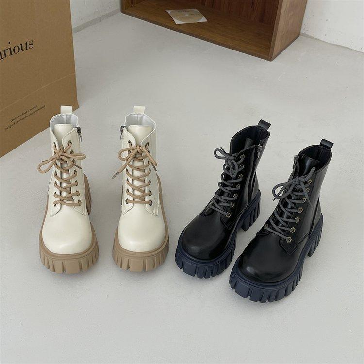 Neue Damen-Knöchel-Stiefel Einzelne High-Heel-Stiefel Runde Spitze Neu Schnürung Trendige Dicke Sohle Dünne Stiefel Kleine Kurze Stiefel Plateau-Schuhe