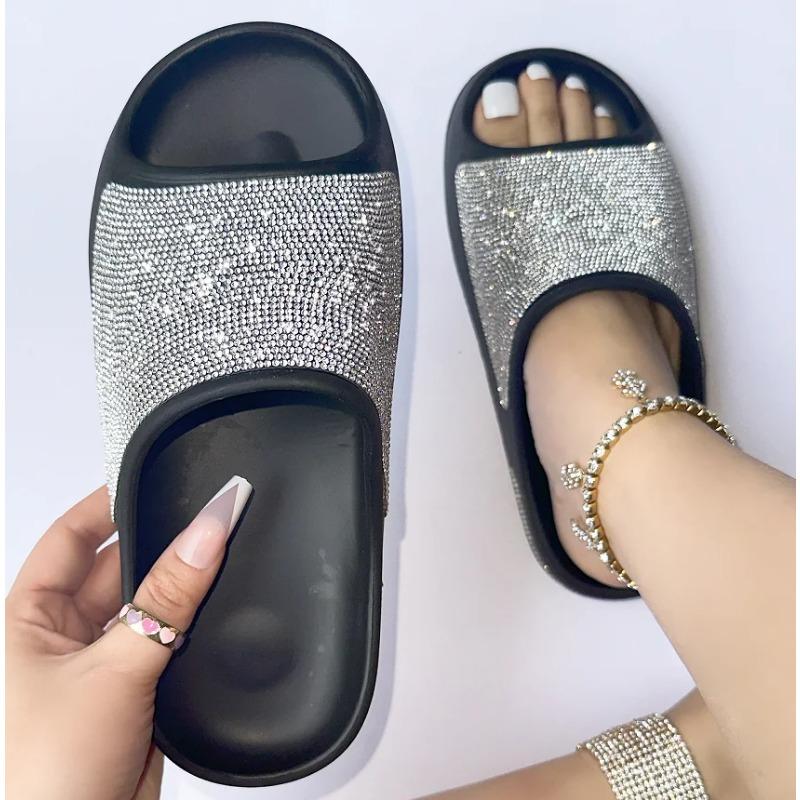 Fashion 2025 Women's New Women's Shoes with Diamond Face, Thin Flash Thick Bottom Slippers Sandals Outdoor Beach Slippers 36-45