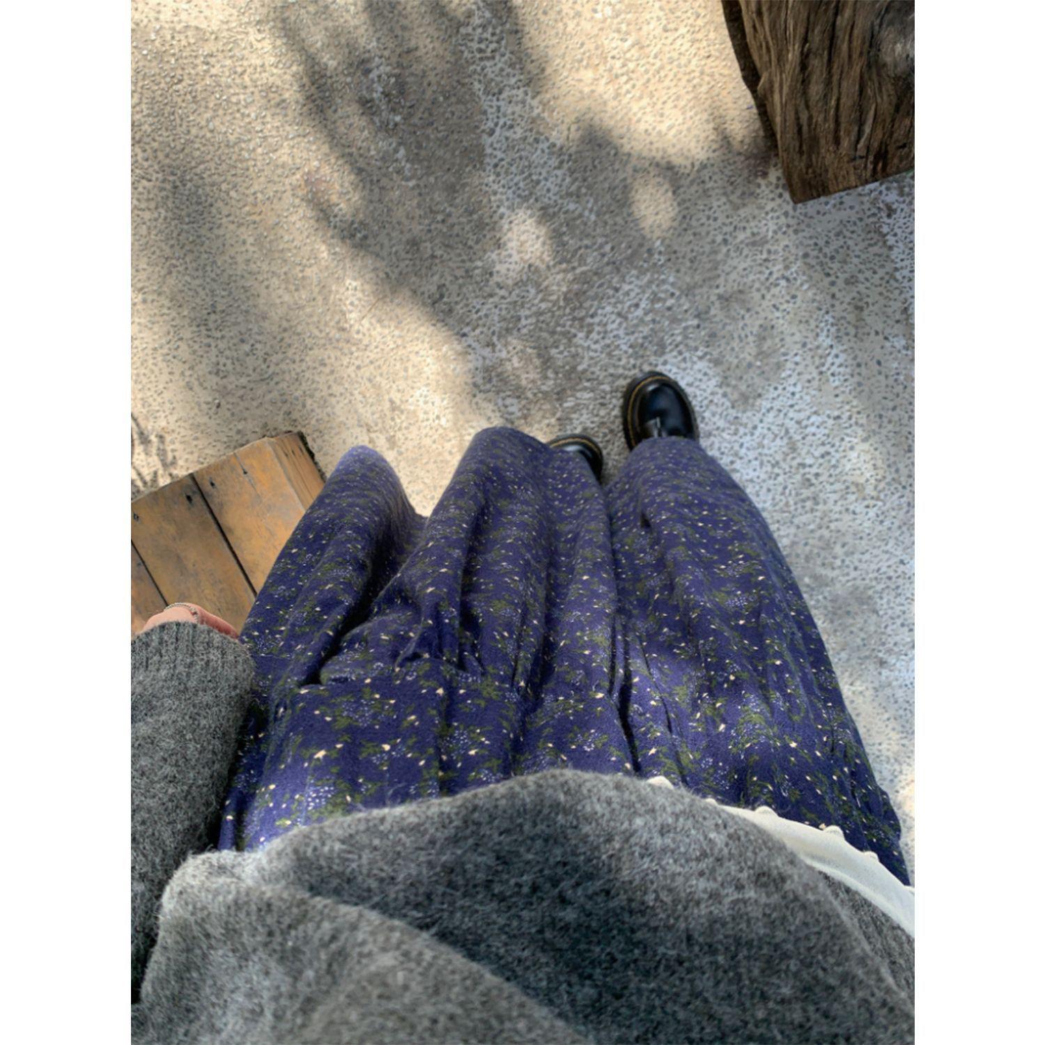 

Korean Retro Floral Midi Skirt - 2025 Autumn High Waist, Slimming A-line Design M синий