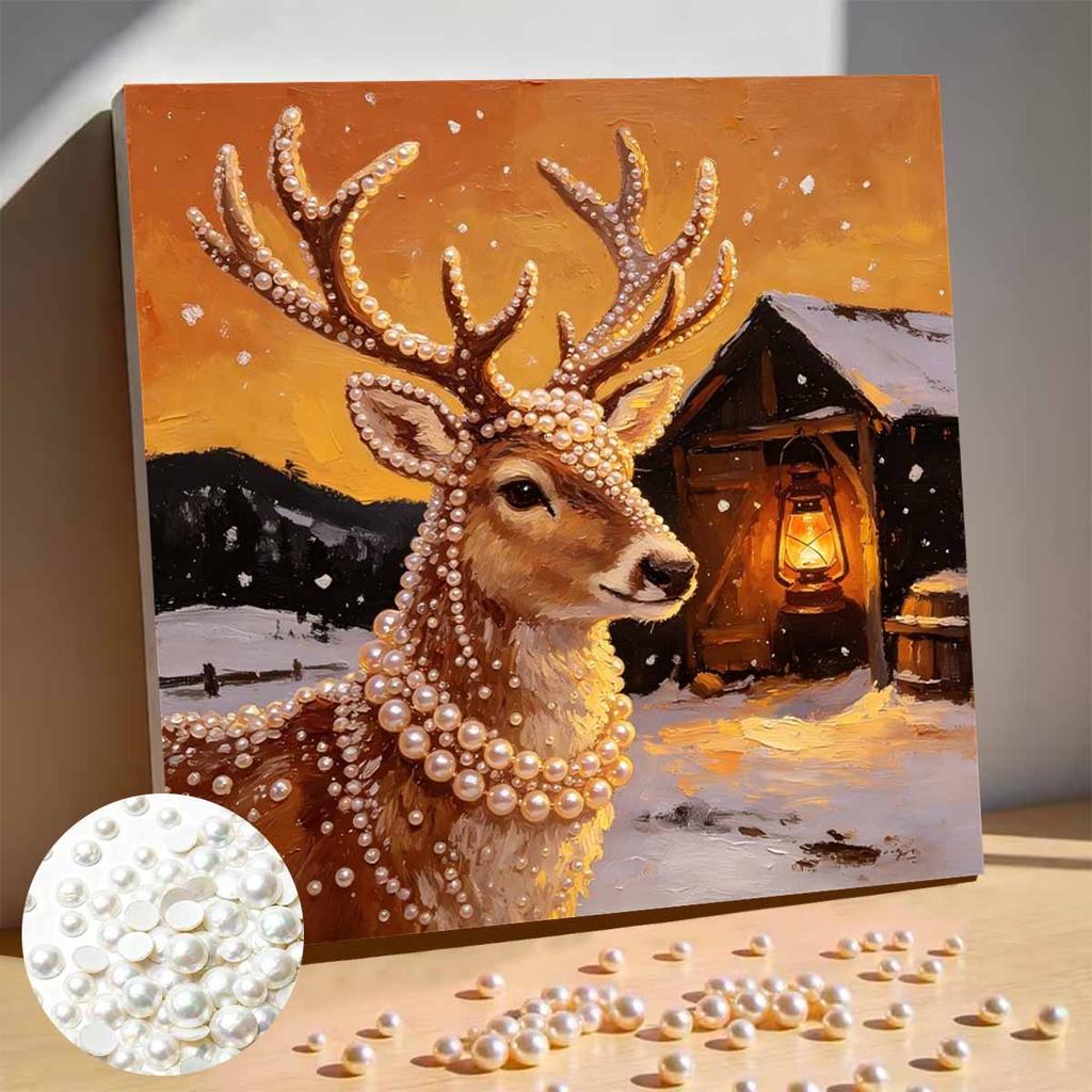 DIY Mini Framed Pearl Painting Kit Beads Winter Deer Lantern Canvas Home Decor Painting