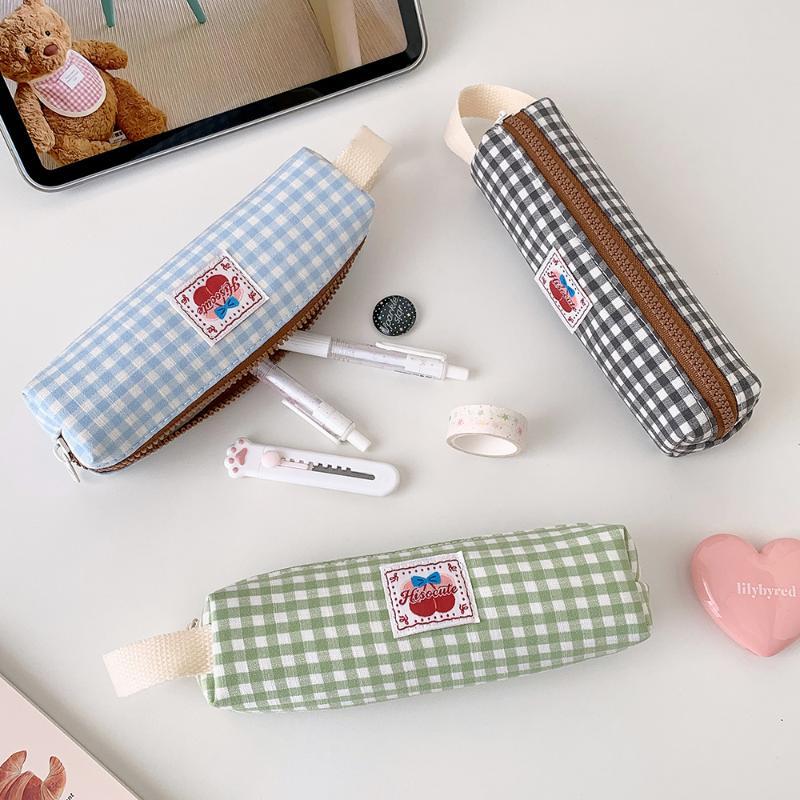 Cute Plaid Large Capacity Pencil Case Pen Bag Kawaii Stationery Storage Bag Suitable For Back-To-School Season Girls