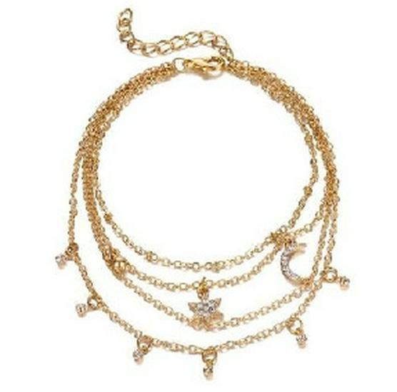 Trendy Multi-Layer Star & Moon Anklet with Love Cross Charm - Fashionable All-Match Jewelry for Women