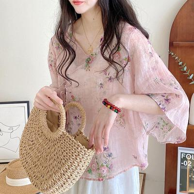 Sommerliche Blumenbluse V-Ausschnitt Retro Lockerer Schnitt Boho Chic Hemd Lässiges Damenoberteil