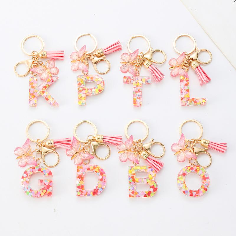 Pink Glitter Resin 26-Letter Keychain Butterfly Tassel Accessory Retro Durable Bag Charm Practical Gift For Girlfriend Best Friend