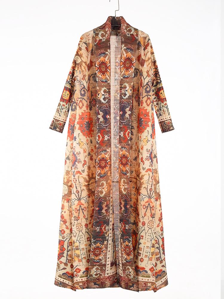Pleated Printed Long Trench Coat for Women - 2025 Spring Lapel Loose Fit Plus Size Long Sleeve Robe