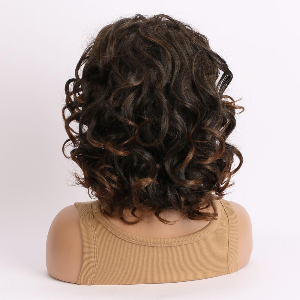 Women Synthetic Curly Fluffy Wig With Bangs Ladies Mixed Black Brown Wig Daily Party Cosplay Use Heat Resistant Fiber Wig