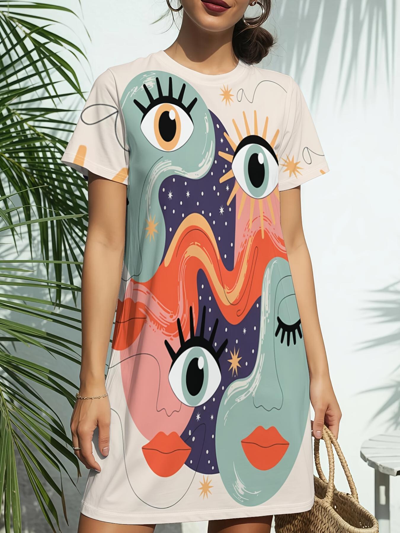 

Women s Short Sleeve T-Shirt Dress with Crew Neck - American ; Geometric Print T-Shirt Dress. Casual Round Length Dress Suitable for Daily Wear. Datin M дубильная кора