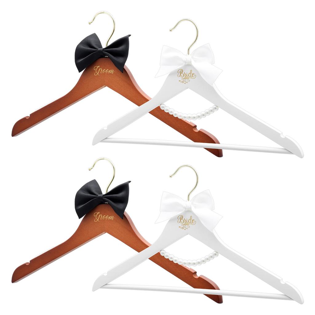 4Pcs clothes hangers Dress Hanger with Bow Pearl Bride Groom Gown Dress Tuxedo Suit  Anti Slip WoodenHanger Wedding Supplies