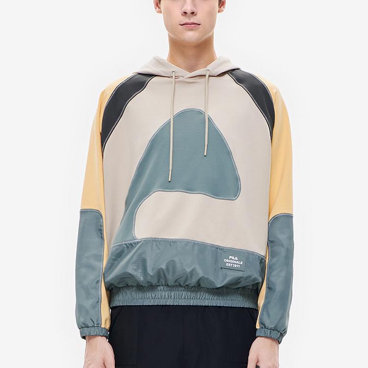 FILA Loose Casual Color Block Logo Knit Hooded American Vintage Sweatshirt Men sweatshirt Sky-Gray Green F11M239208F-GN