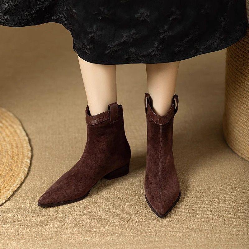 Fashion Ankle Boots for Women Pointed Toe Leather Splicing Suede Booties Chelsea Non Slip Autumn On Offer New Rock In Woman Short Shoes