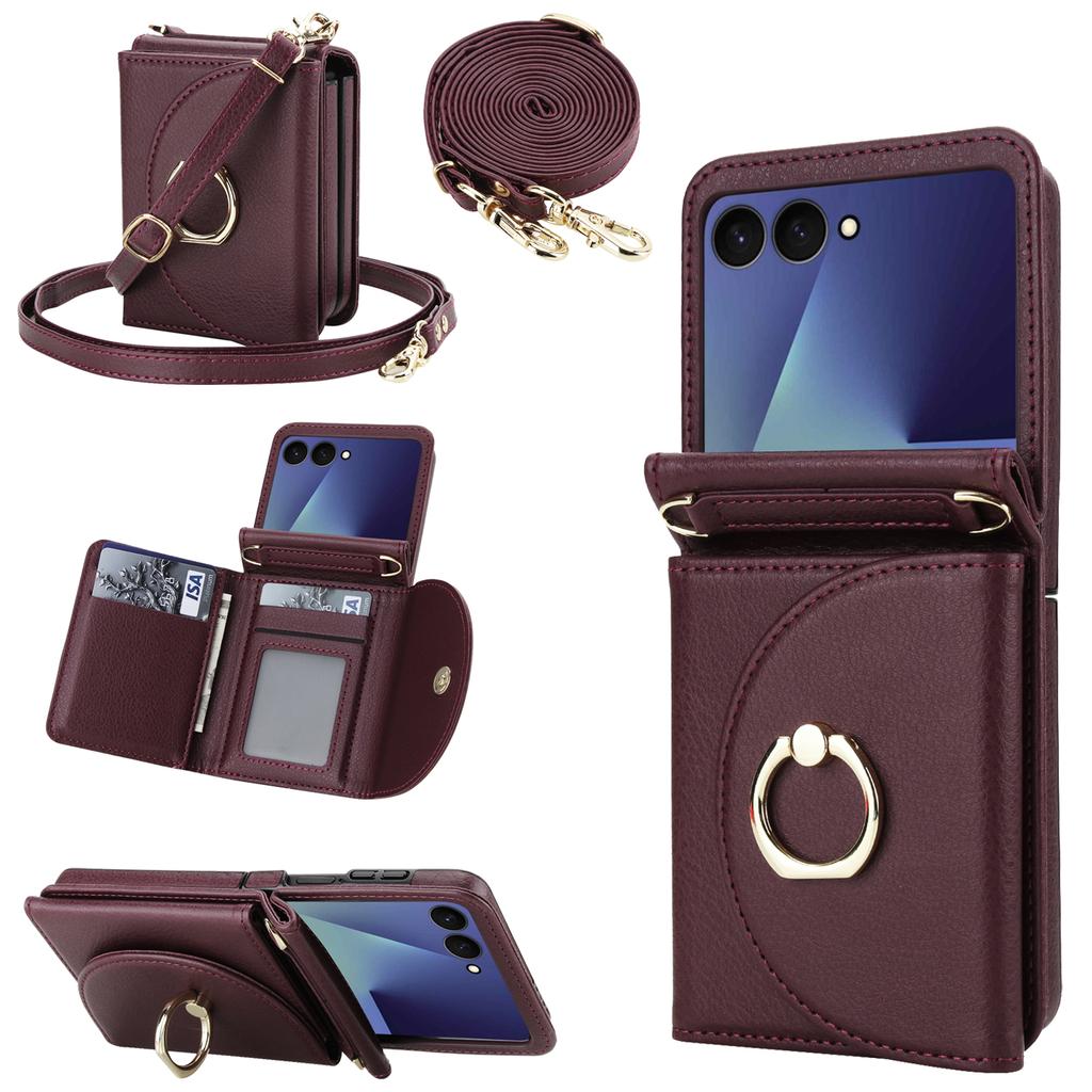 Crossbody Ring Holder Cards Solt Wallet Flip Leather Phone Case For Samsung Galaxy Z Flip 7 6 5 4 3 7FE Adjustable Strap Cover