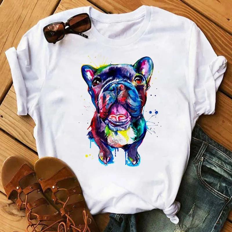 Fun Cute French Bulldog T-shirts Animal Harajuku Print Pattern Short Sleeves  Pure Cotton Women's T-shirts