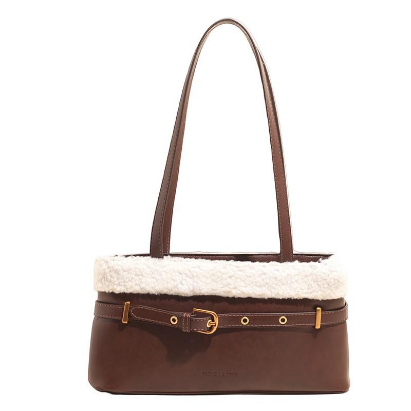 

Korean Trendy Plush Pu Splicing One-shoulder Commuter Bag All-matching Out-of-street Underarm Niche Bucket