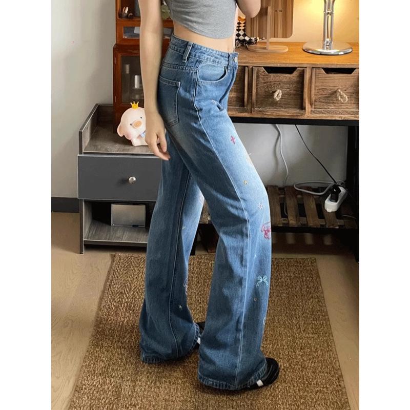 Women's High-Waist Retro Puppy Embroidery Wide Leg Jeans