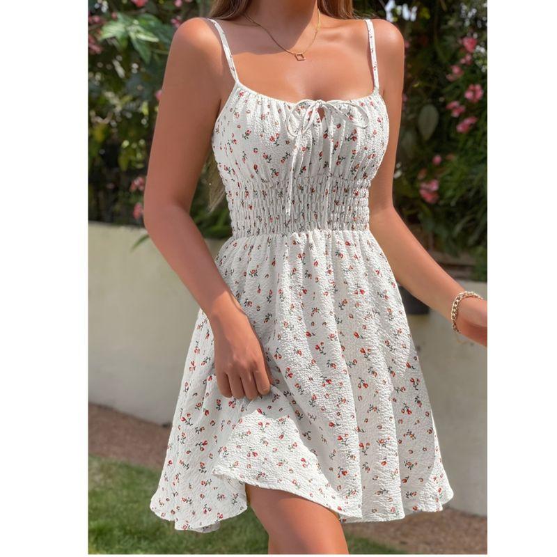 Small Summer New Arrival Fashion Style off-Neck Floral Tie-Neck Smocking Slim Fit Slimming Spaghetti Straps Dress Short Skirt