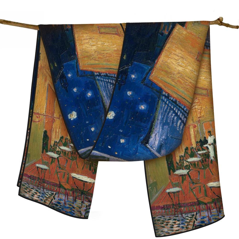POBING Twill Silk Scarf Women Poncho Hand Rolled Luxury Oil Painting Long Scarves Wraps Bandana Big Shawl Hijabs Female Foulard