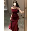Premium Golden Velvet Suspender Dress Women's Summer Sexy Tight Fishtail Long Dress Split Hip Wrap Dress Dress