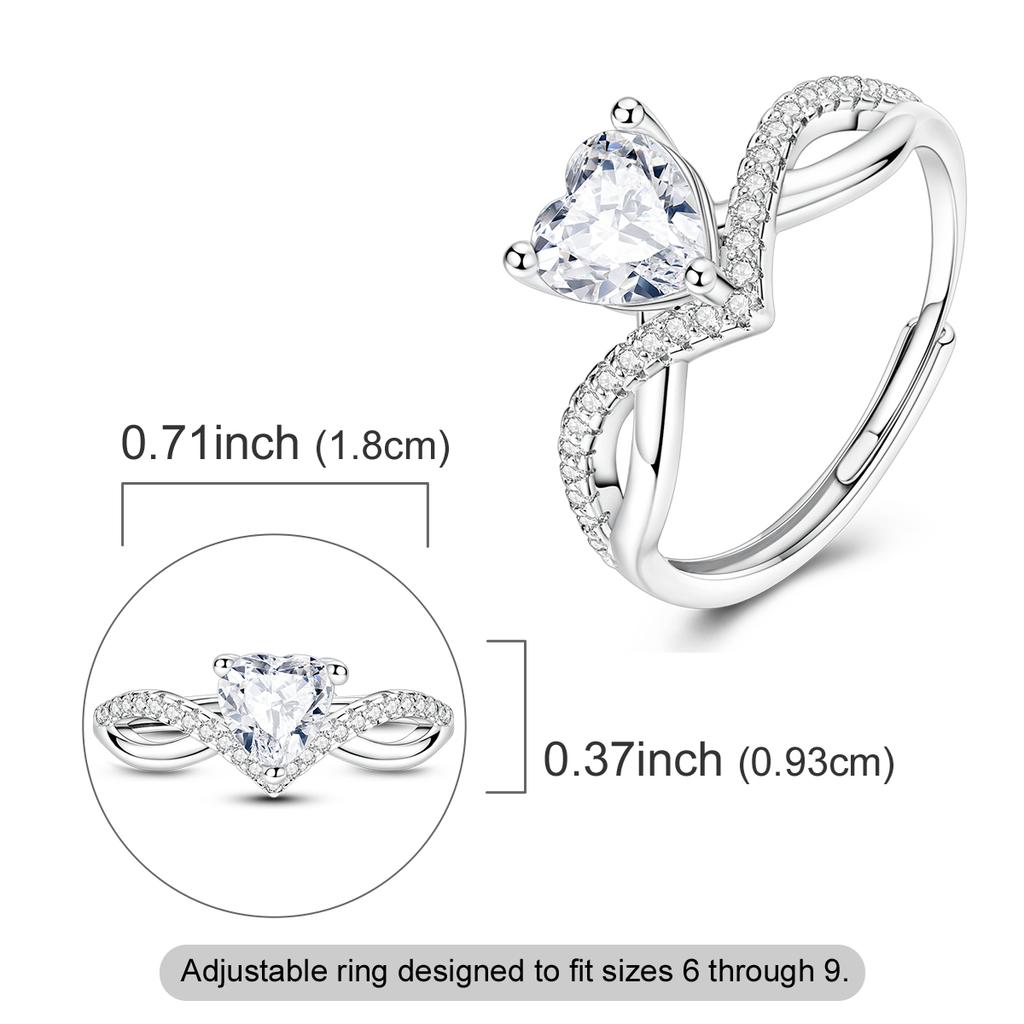 Copper Heart Zircon Sparkling Cubic Zirconia Open Adjustable Ring For Women Promise Anniversary Jewelry Gift