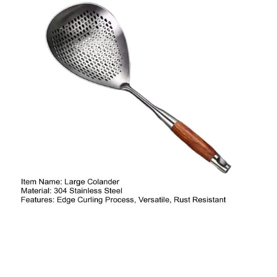 Stainless Steel Large Colander with Extended Handle Fine Leak Holes Soup Pot Strainer for Oil Draining And Skimming Rust-Resistant Strainer Spoon