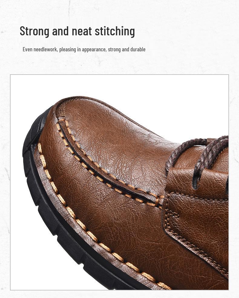 Men's Large Casual Leather Shoes - Soft Sole, Hand-Stitched, Lace-Up for Middle-Aged & Elderly.