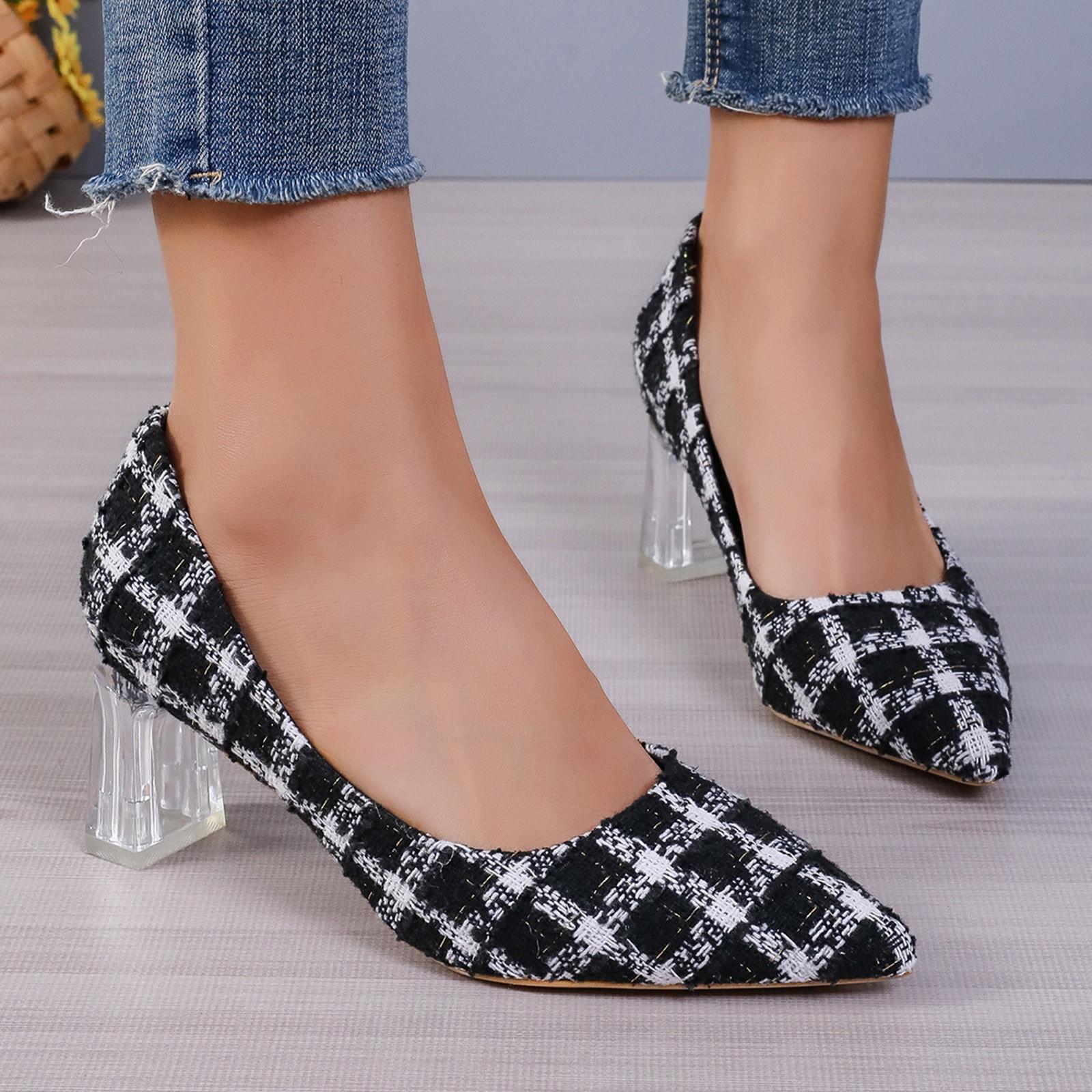

Атласные туфли на каблуке для женщин Модная женская обувь Клетчатая цветная лоскутная тканевая верхняя часть Острый носок Толстый каблук Высокие каблуки Широкие женские каблуки 40