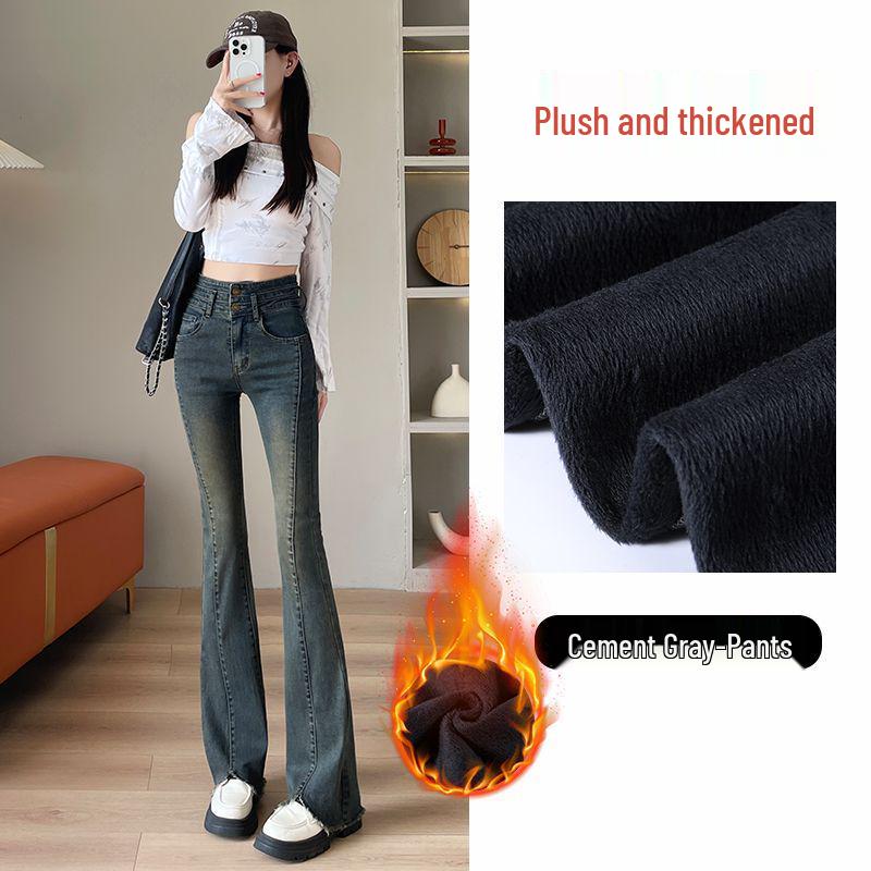 

High-Waisted Retro Stretch Jeans - Women s Slimming Bootcut Flared with Raw Hem and Fleece Lining for Autumn/Winter. XS (Recommended 74-80 Jin)